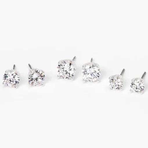 Silver-tone Cubic Zirconia 6mm, 7mm, & 8mm Round Stud Earrings - 3 Pack