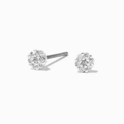 Silver-tone Cubic Zirconia Pavé Fireball 3mm Stud Earrings