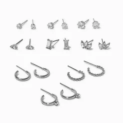 Silver-tone Cubic Zirconia Glitz Mixed Earrings Set - 9 Pack