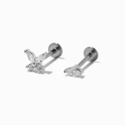 Silver-tone Cubic Zirconia Bow & Stud 18G Stud Threadless Cartilage Earrings - 2 Pack