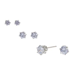 Silver-tone Cubic Zirconia 3mm, 4mm, & 5mm Round Stud Earrings - 3 Pack