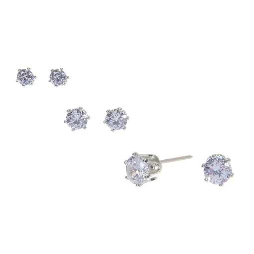 Silver-tone Cubic Zirconia 3mm, 4mm, & 5mm Round Stud Earrings - 3 Pack