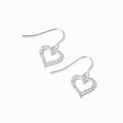 Silver-tone Cubic Zirconia Heart 0.5" Drop Earrings