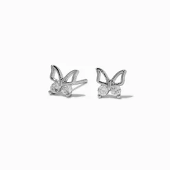 Silver-tone Cubic Zirconia Butterfly Outline Stud Earrings