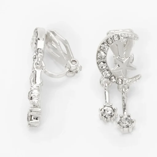 Silver-tone Cubic Zirconia Celestial Clip-On Earrings