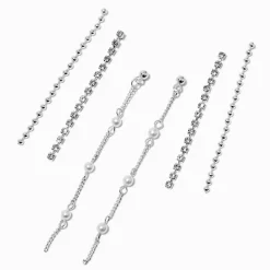 Silver-tone Cup Chain Pearl Earring Stackables Set - 3 Pack