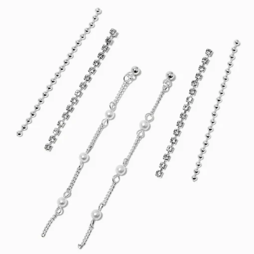 Silver-tone Cup Chain Pearl Earring Stackables Set - 3 Pack