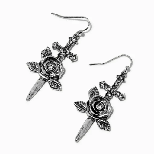 Silver-tone Dagger & Rose Drop Earrings