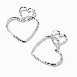 Silver-tone Double Heart Outline 2" Drop Earrings