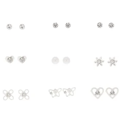 Silver-tone Embellished Spring Mix Stud Earrings - 9 Pack
