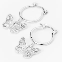 Silver-tone Filigree Butterfly 10mm Hoop Earrings