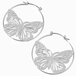 Silver-tone Filigree Butterfly 50mm Hoop Earrings