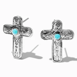 Silver-tone Filigree Cross Cowgirl Stud Earrings