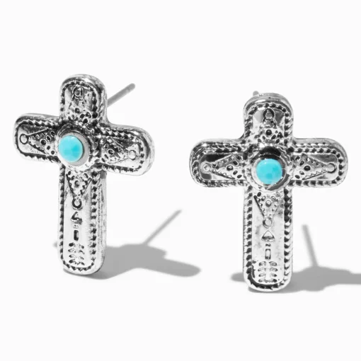 Silver-tone Filigree Cross Cowgirl Stud Earrings