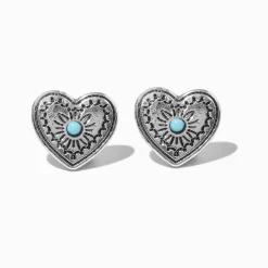 Silver-tone Filigree Heart Cowgirl Stud Earrings