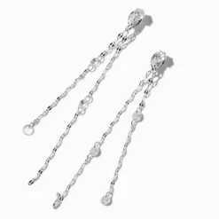 Silver-tone Front & Back Cubic Zirconia Disc Chain 2.5" Linear Drop Earrings