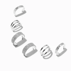 Silver-tone Glitter & Textured Hoop Earring Stackables Set - 3 Pack