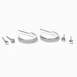 Silver-tone Glitter Hoop Earring Stackables Set - 3 Pack