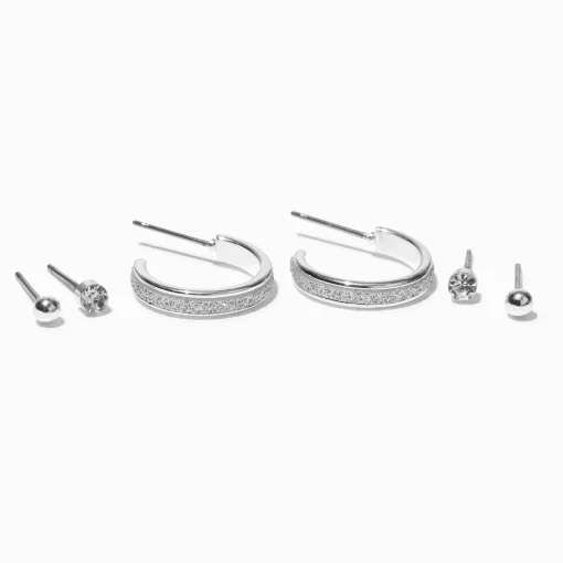Silver-tone Glitter Hoop Earring Stackables Set - 3 Pack