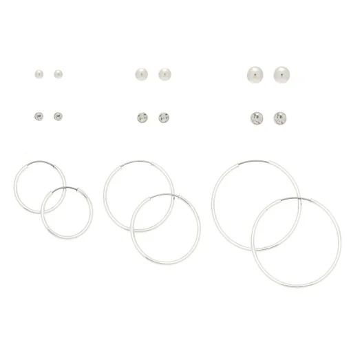 Silver-tone Graduated Crystal Mixed Hoop & Stud Earrings - 9 Pack