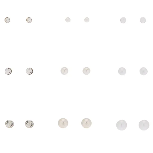 Silver-tone Graduated Crystal Pearl Stud Earrings - 9 Pack