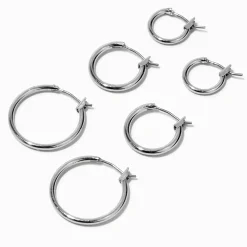 Silver-tone Graduated Hinge Hoop Earrings - 3 Pack