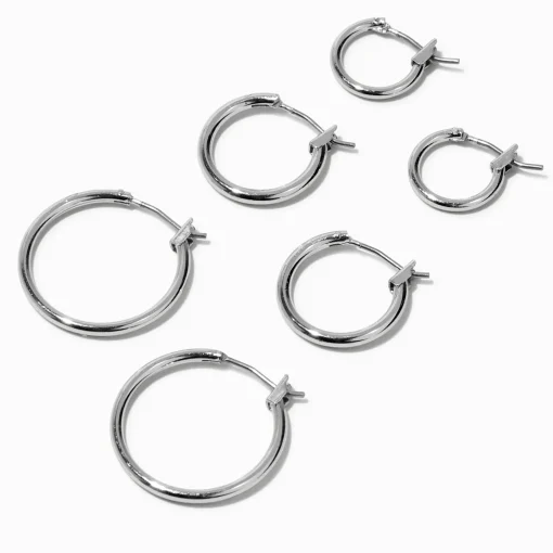 Silver-tone Graduated Hinge Hoop Earrings - 3 Pack