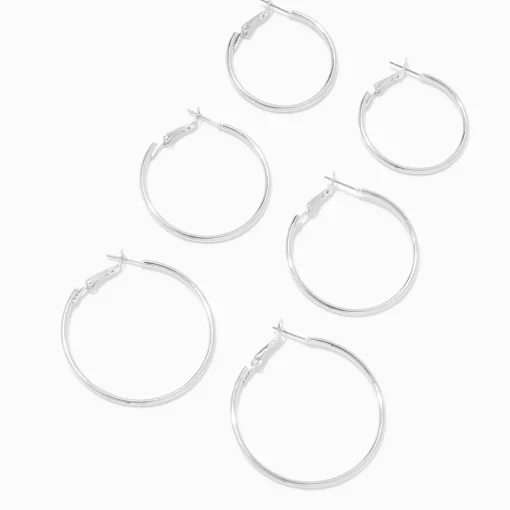 Silver-tone Graduated Hinge Hoop Earrings - 3 Pack