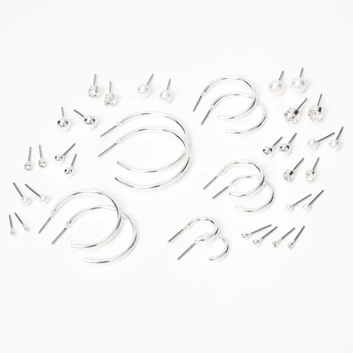 Silver-tone Graduated Mixed Earrings Set - 20 Pack