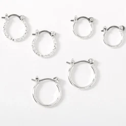 Silver-tone Graduated Textured Hinge Hoop Earrings - 3 Pack