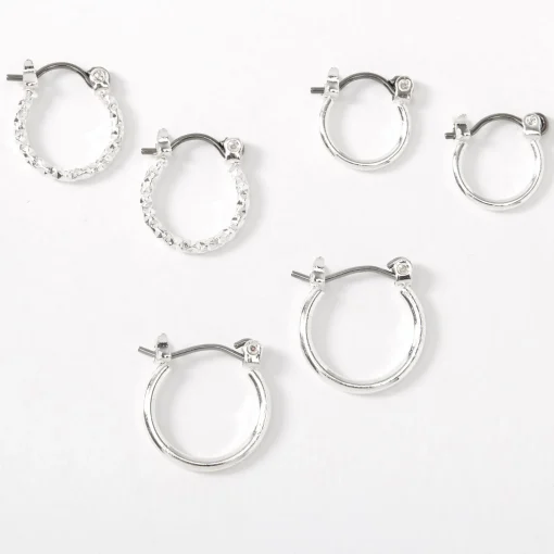 Silver-tone Graduated Textured Hinge Hoop Earrings - 3 Pack