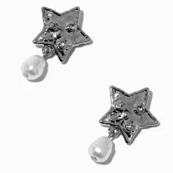 Silver-tone Hammered Star & Pearl Drop Earrings