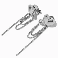 Silver-tone Heart Chains Clip-On Drop Earrings