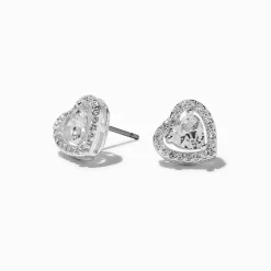 Silver-tone Heart Cubic Zirconia Stud Earrings