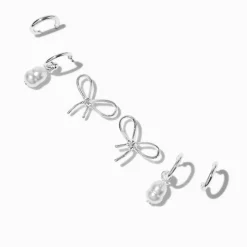 Silver-tone Knot Bow Pearl Earring Stackables Set - 3 Pack