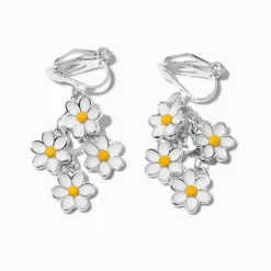 Silver-tone Linear Daisy 1" Clip-On Drop Earrings