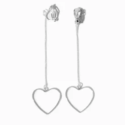 Silver-tone Linear Heart Clip-On Drop Earrings