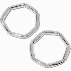 Silver-tone Macaroni Tube Stretch Bracelets - 2 Pack