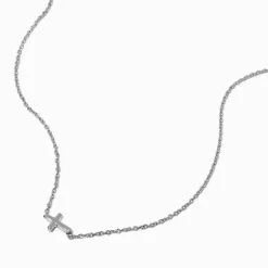 Silver-tone Mini Sideways Cross Pendant Necklace
