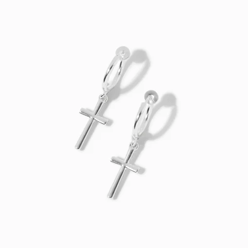 Silver-tone 20mm Cross Clip-On Hoop Earrings