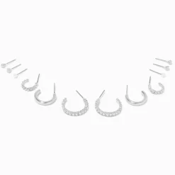 Silver-tone 15mm Crystal Hoop Earring Stackables Set - 6 Pack