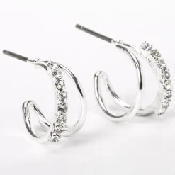 Silver-tone 10mm Double Crystal Hoop Earrings