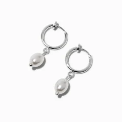 Silver-tone 10mm Pearl Clip-On Huggie Hoop Earrings