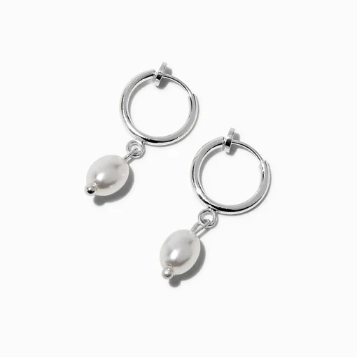 Silver-tone 10mm Pearl Clip-On Huggie Hoop Earrings