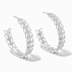 Silver-tone 40mm Textured Leaf Hoop Earrings