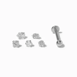 Silver-tone Multi Cubic Zirconia Changeable 16G Tragus Flat Back Earrings - 6 Pack