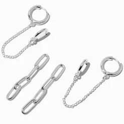 Silver-tone Paper Clip Chain Connector Earring Set - 3 Pack