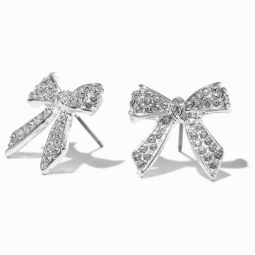 Silver-tone Pavé Crystal Bow Stud Earrings