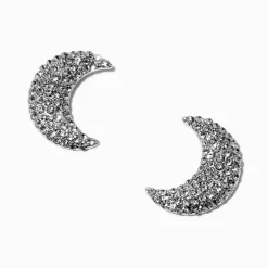 Silver-tone Pavé Crystal Crescent Moon Stud Earrings