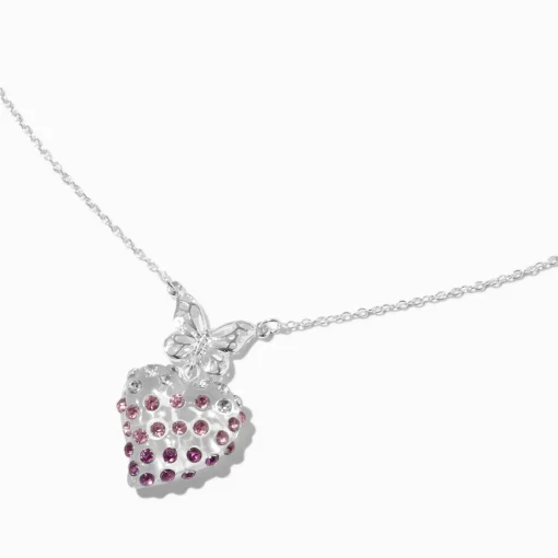Silver-tone Pavé Heart & Butterfly Pendant Necklace